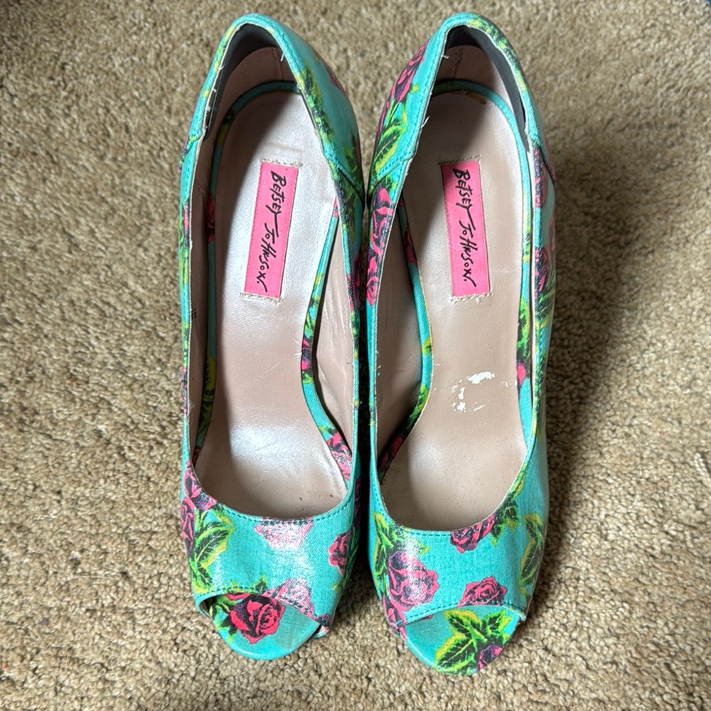 Betsey Johnson ‘Betty’ Floral Peep Toe Heels - Teal and Pink